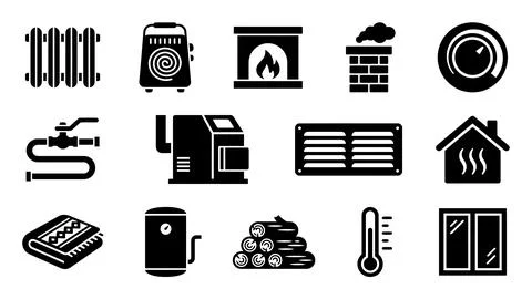 Black silhouette heating elements and plumbing icons set isolated on transp.. Stock Illustration