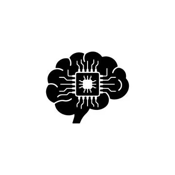 Black silhouette of human brain with digital computer chip icon 库存插图