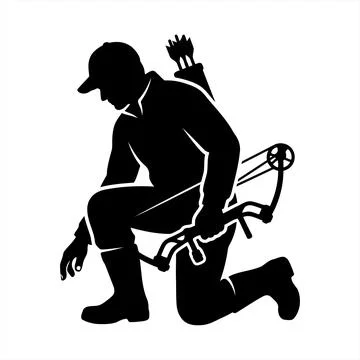 Black Silhouette of a Hunter Kneeling with a Compound Bow in the Wilderness 스톡 일러스트