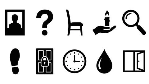 Black silhouette icon collection featuring household and mystery objects. Stock Illustration