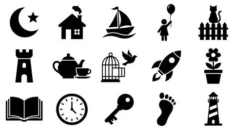 Black silhouette icon set with all rendered clean minimalist graphic style Stock Illustration