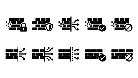 Black silhouette icon set for firewall and digital security systems. Stockillustratie