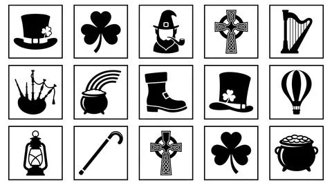 Black silhouette icon set with pot gold under rainbow bearded character pipe Stock Illustration
