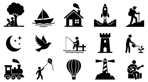 Black silhouette icon set representing diverse outdoor hobbies Stock Illustration