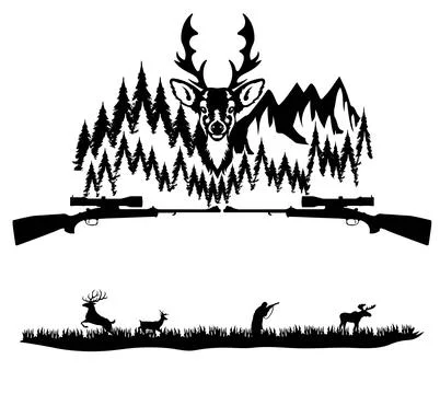 A black silhouette illustration featuring deer head and hunting scene with an Stock Illustration
