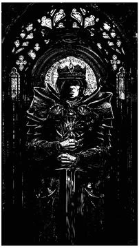 The black silhouette of a knight king with a sword, his face is scarred, he i Stock Illustration
