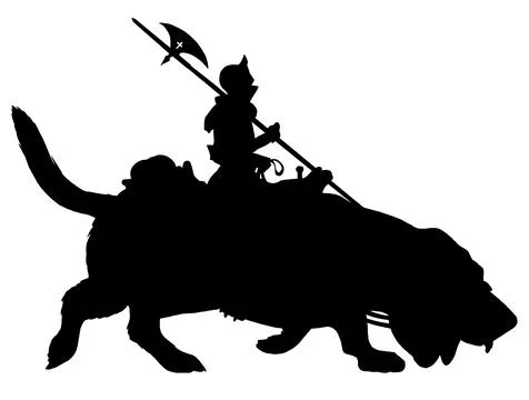A black silhouette of a knight in plate armor riding a huge Basset Hound dog, Stock Illustration