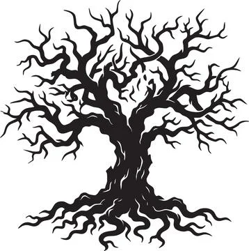 Black Silhouette of a Leafless Spooky Tree with Exposed Roots Illustrazione stock