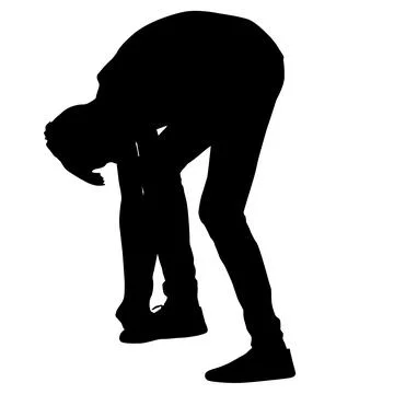 Black silhouette of a man bending down to tie his shoelaces isolated on a whi Stock Illustration