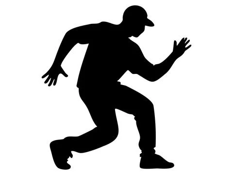 Black silhouette of man dancing in active pose, isolated on white background Stock Illustration