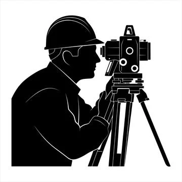 Black silhouette of man in hard hat operating theodolite on tripod surveyor. Stock Illustration
