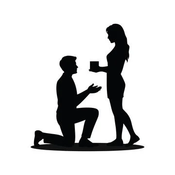 Black silhouette of a man kneeling to propose marriage to a standing woman .. Stock Illustration