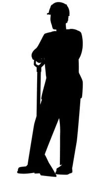 Black silhouette of man in work clothes and hard hat stands leaning on shovel Stock Illustration