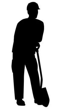 Black silhouette of man in work clothes and hard hat stands leaning on shovel Stock Illustration