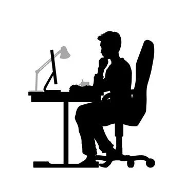 Black silhouette. Man working at computer. Isolated freelancer with PC Stock Illustration