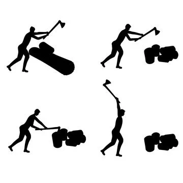 Black silhouette of man working with hatchet ax, wood rural activity Stock Illustration