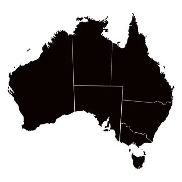 A black silhouette map of Australia with state borders isolated on a transp.. Illustrazione stock