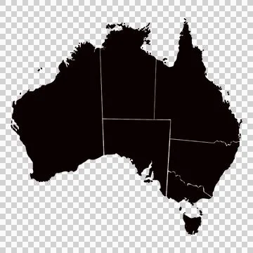 A black silhouette map of Australia with state borders isolated on a transp.. Stock Illustration