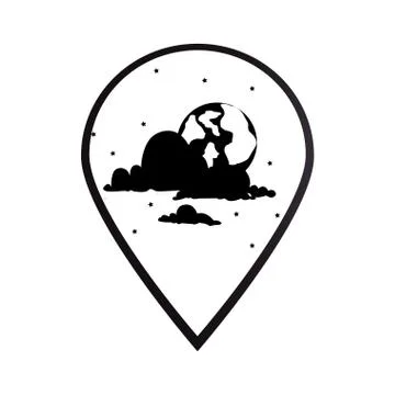 Black silhouette mark icon pointer gps with Moon night with clouds and star Ilustração Stock