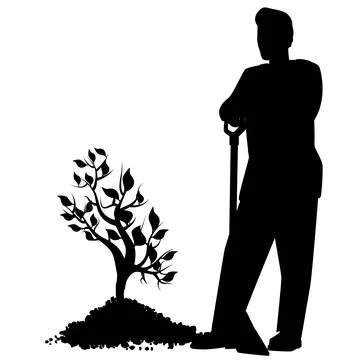 Black silhouette of men in work clothes with shovel stand next to young tree Stock-Illustration