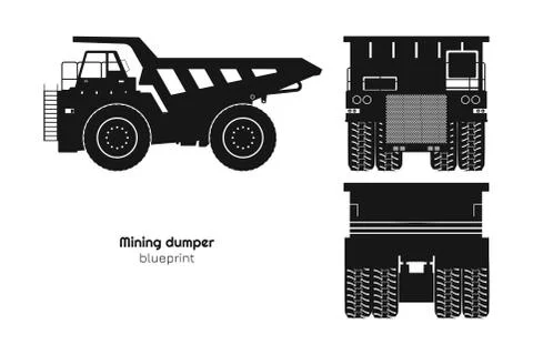 Black silhouette of mining dumper. Back, side and front view. Heavy truck Stock Illustration
