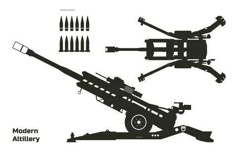 Black silhouette of modern artillery. Isolated cannon blueprint. Top, side vi Stock Illustration