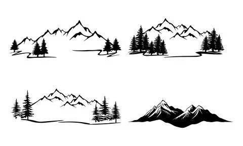 Black silhouette mountain range with pine trees and winding paths on white Stock Illustration