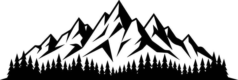 Black silhouette of mountain range with pine forest trees below Stock Illustration
