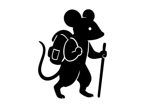 Black silhouette of mouse with backpack and walking stick, isolated on white Stock Illustration