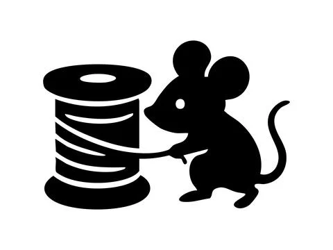 Black silhouette of mouse playing with spool of thread, isolated on white Illustrazione stock