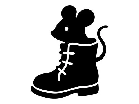 Black silhouette of mouse sitting inside boot isolated on white background Stock Illustration