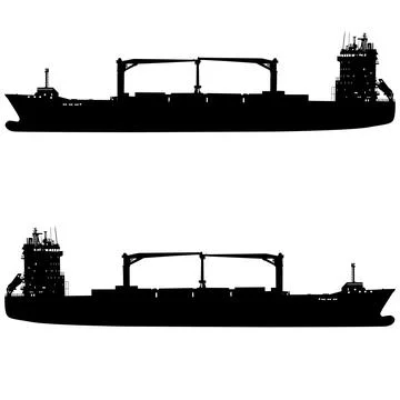 Black silhouette of a multi-purpose cargo ship with onboard cranes isolated.. Stock Illustration
