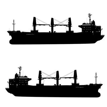 Black silhouette of a multi-purpose cargo ship with onboard cranes isolated o Stock Illustration