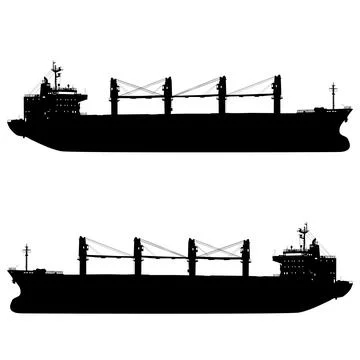Black silhouette of a multi-purpose cargo ship with onboard cranes isolated.. Stock Illustration