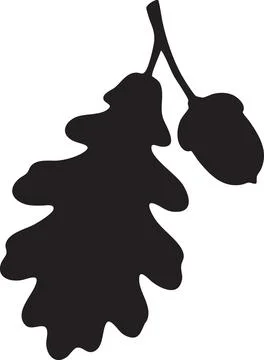 Black Silhouette of an Oak Leaf and Acorn on a White Background 스톡 일러스트