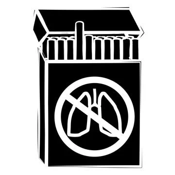 Black silhouette of open full pack of cigarettes, with crossed out lungs icon Stock Illustration