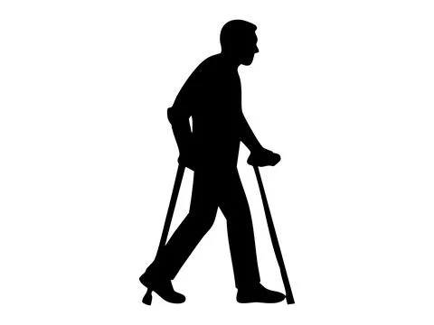 Black silhouette of person with a disability using crutches, isolated on white Stock Illustration
