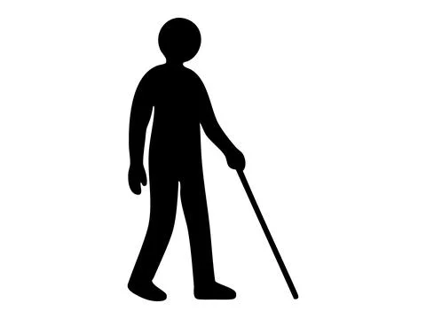 Black silhouette of person with disability using walking cane, isolated on white Stock Illustration