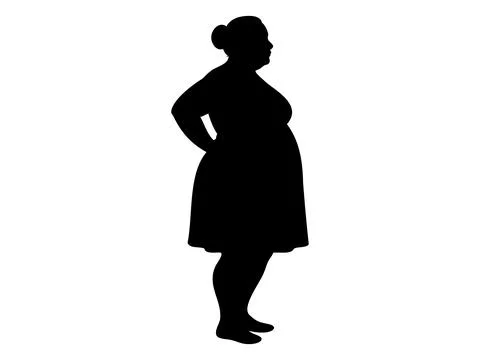 Black silhouette of a plus size middle aged woman standing in profile isolated Stock Illustration