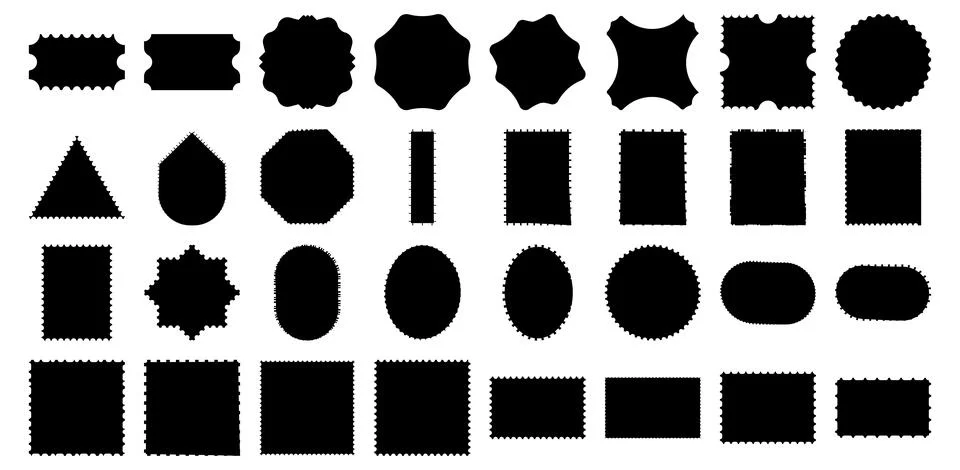 Black silhouette postage stamp frames with perforated edges for decorative .. 스톡 일러스트