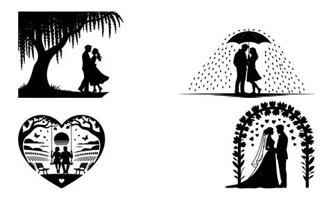 Black silhouette of romantic couples in various scenes silhouettes love Ilustração Stock