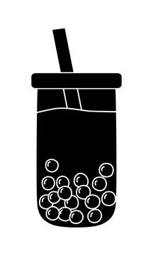 Black silhouette of rounded glass with bubble tea boba pearls straw, glyph icon Illustrazione stock