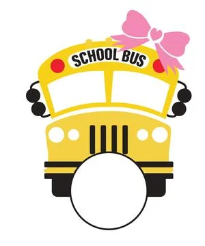 A black silhouette of a school bus front features a bow on top and a white ci Stock Illustration