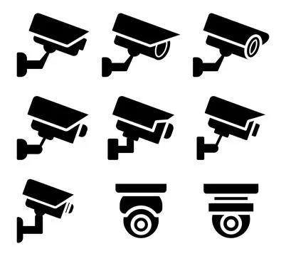 Black Silhouette Security Camera Icons Set for Surveillance and Safety Stock Illustration