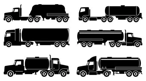 Black silhouette set featuring six different heavy duty tanker freight trucks Stock Illustration