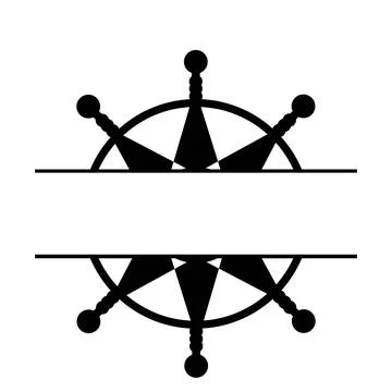 A black silhouette of a ship wheel split by a horizontal blank space for text Illustrazione stock