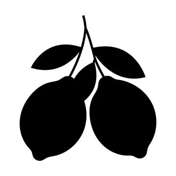 Black silhouette shows two lemons attached with leaves on a white background Stock Illustration