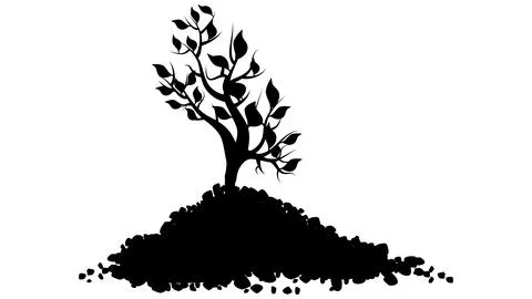Black silhouette of small shoot of tree with leaves in pile of soil isolated  Stock Illustration