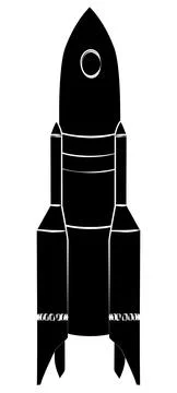 Black silhouette space rocket with flame from nozzles isolated on white. Stock Illustration