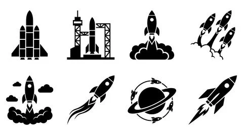 Black silhouette space rocket launch icons set for aerospace design projects Stock Illustration